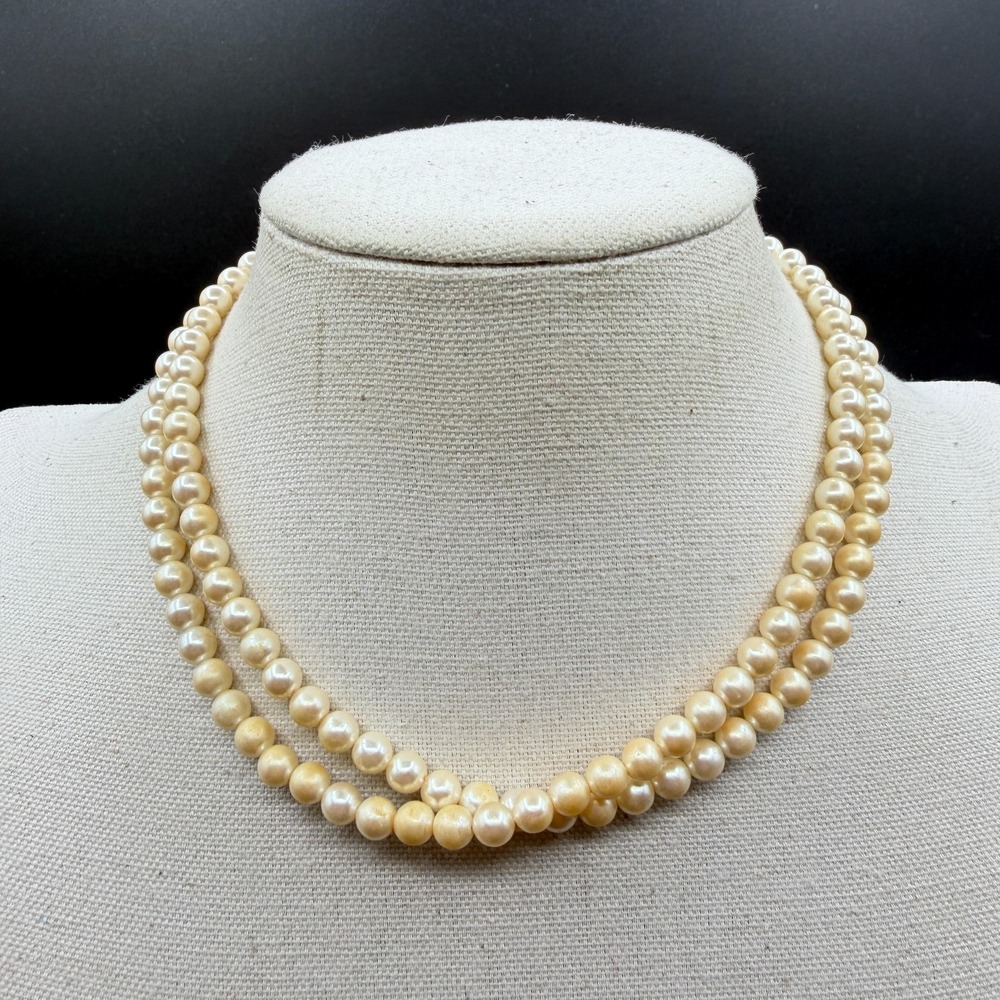 Double Strand Faux Pearl Necklace Cream Gold Tone Hook Clasp Romantic Elegant